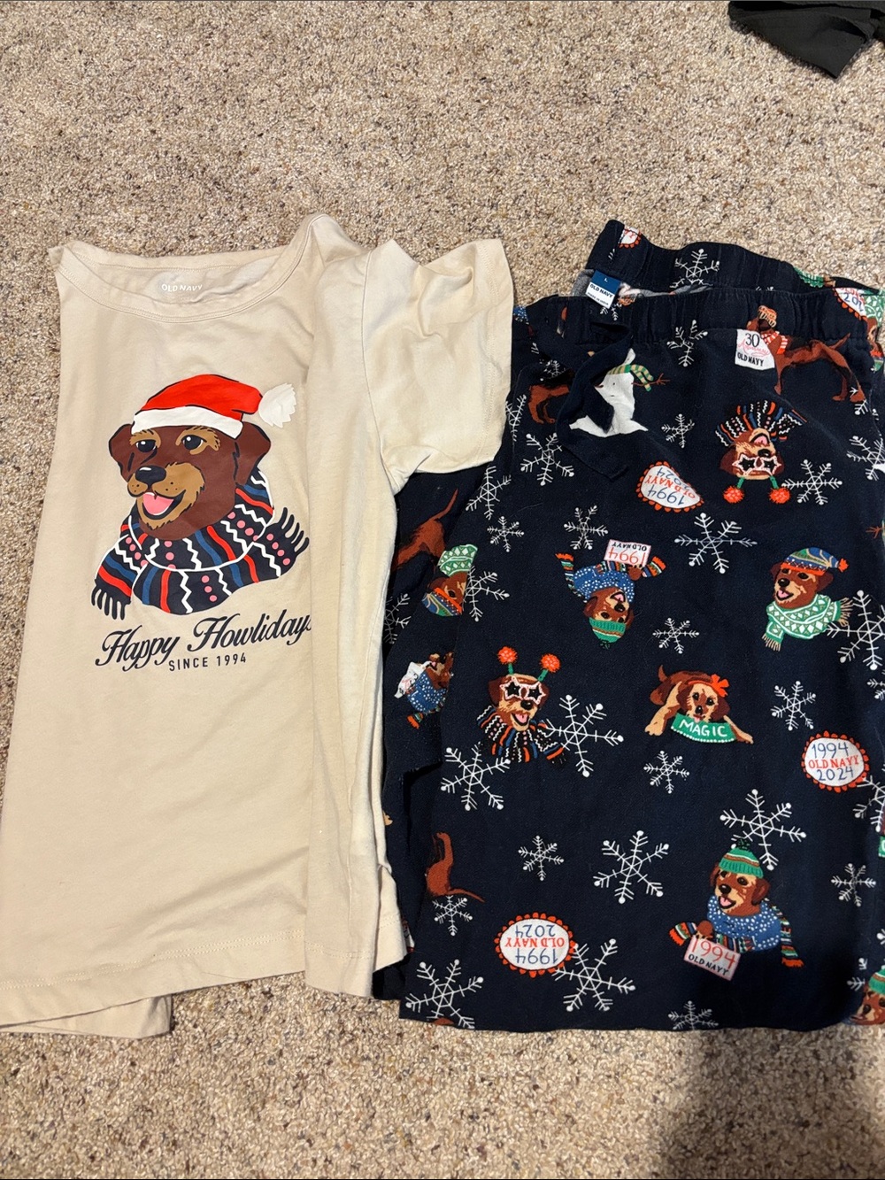 Old Navy Cream Top & Navy Flannel Dog Holiday Pajama Set
